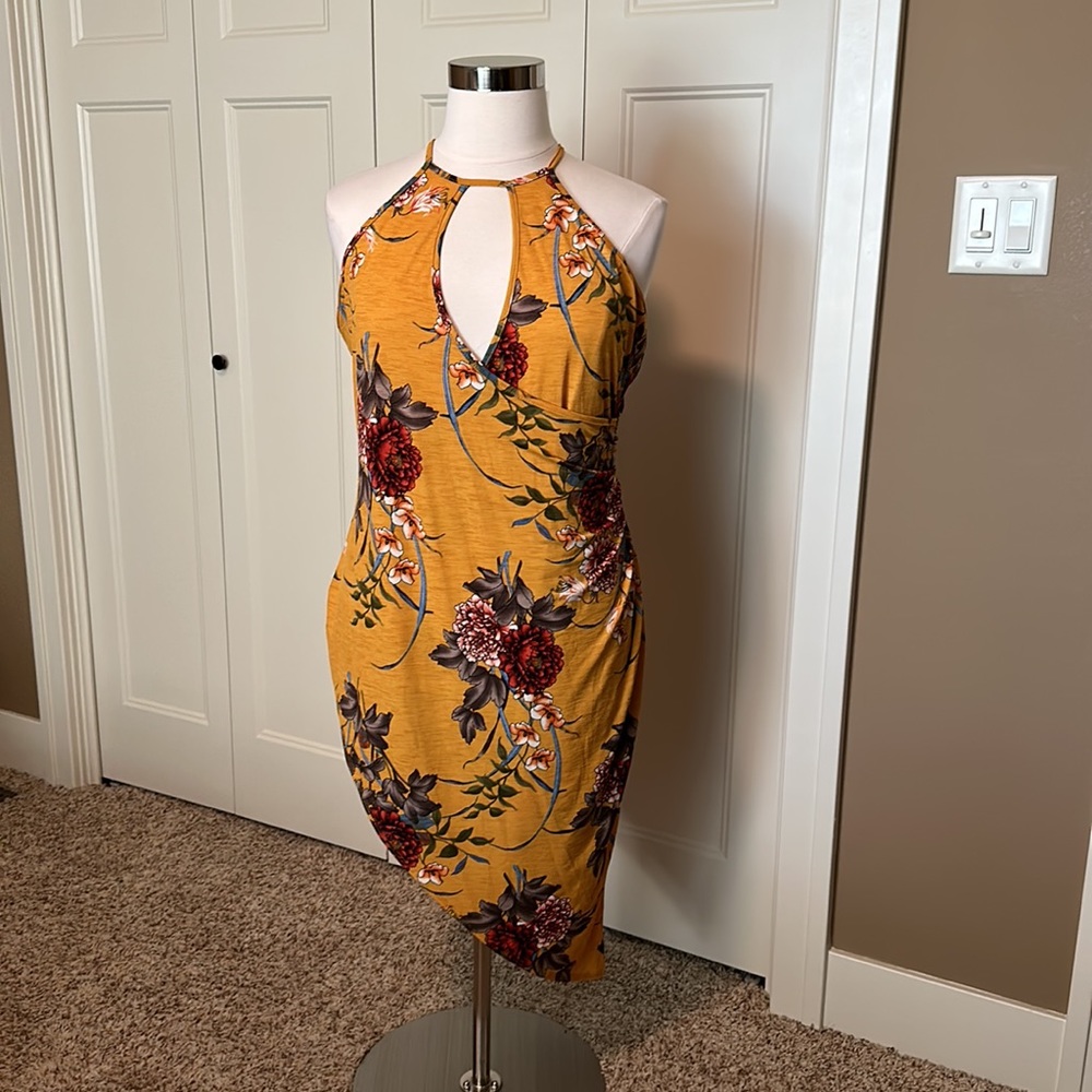 Lilian Mustard Yellow Asymmetrical Faux Wrap Dress Cutout Detail Size 3X NWT